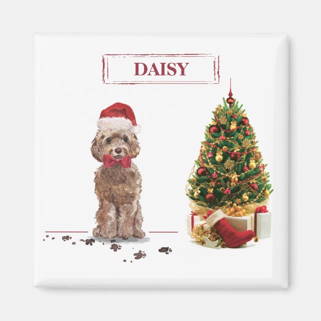 Imã Cockapoo Marrom Engraçado Natal Cachorro e Árvore (Frente)