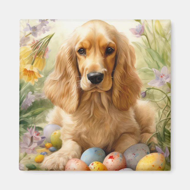 Imã Cocker Spaniel com Ovos de Páscoa Feriado  (Frente)