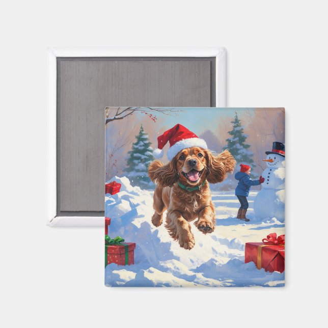 Imã Cocker Spaniel Correndo na Neve com Chapéu de Nata (Front/Back)