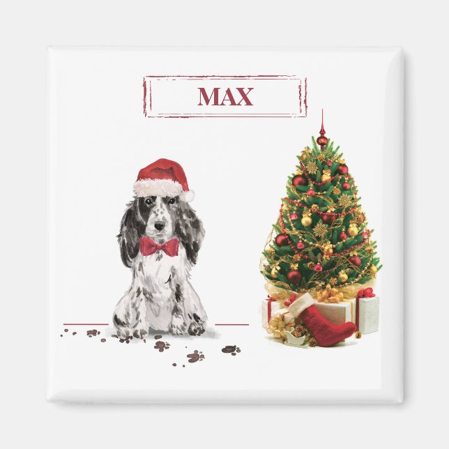 Imã Cocker Spaniel Natal Divertido Cachorro com Árvore (Frente)