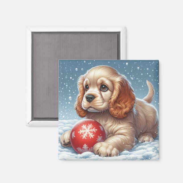 Imã Cocker Spaniel Puppy Descansa na Neve com uma bola (Front/Back)