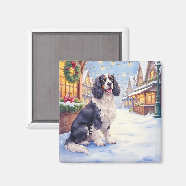 Imã Cocker Spaniel Snowy Village Christmas Art (Front/Back)