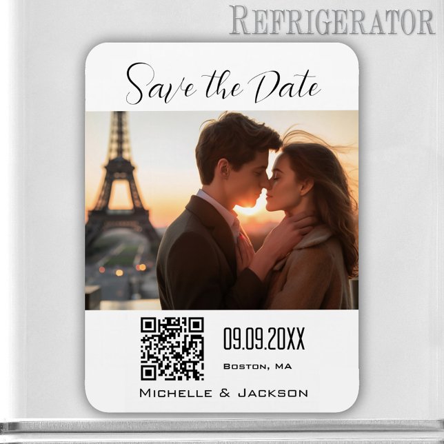 Ímã Código QR de Foto Elegante Simples Salvar a Data (Modern Save the Date magnet featuring your own photo. With QR code template)