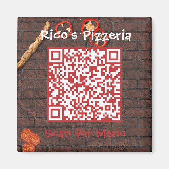 Imã Código QR do Menu Pizzeria Personalizado (Frente)