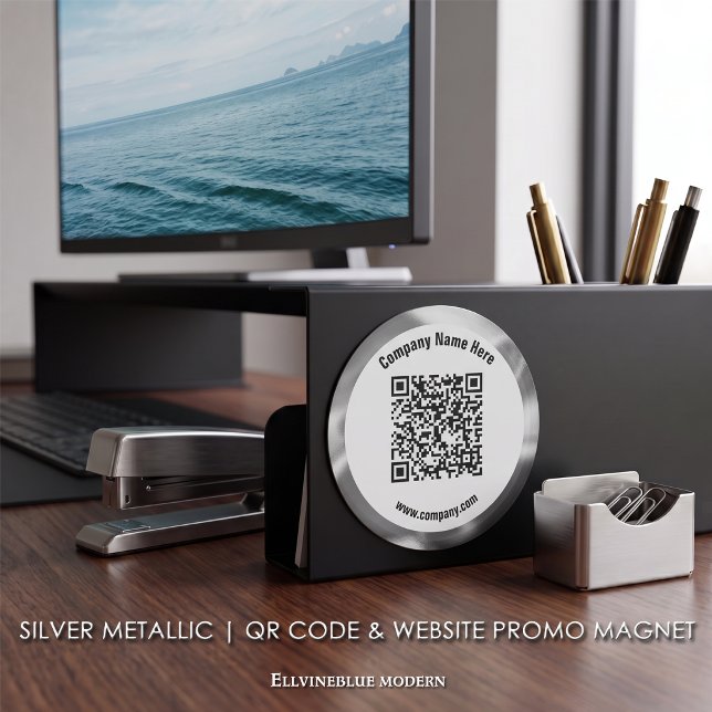 Imã Código QR Personalizado Metálico Prateado & Promoç (Silver Metallic Magnet | A polished layout created to showcase your QR Code, Name, & Website.)