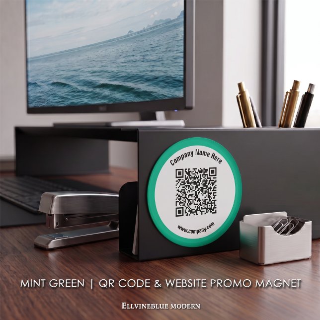 Imã Código QR Personalizado Verde Menta & Promoção de  (Green Magnet | A polished layout created to showcase your QR Code, Name, & Website.)