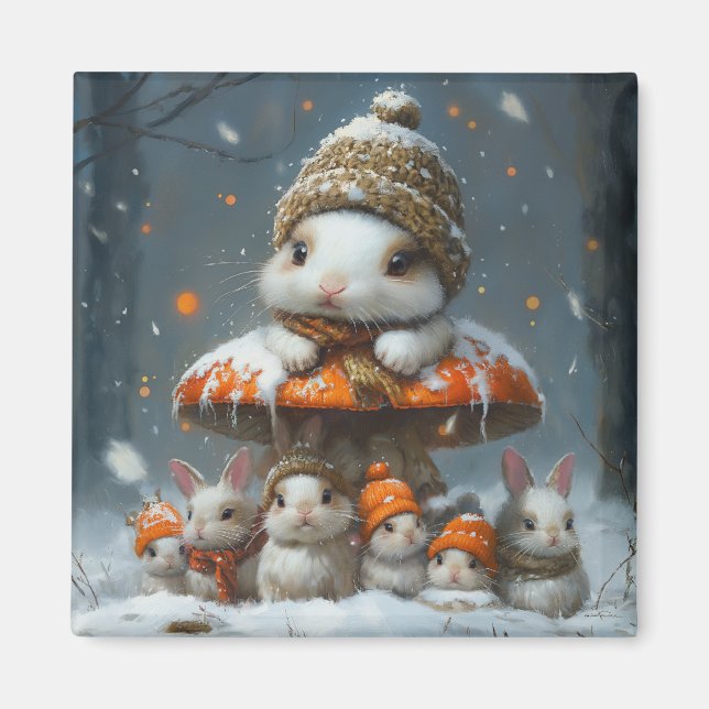 Imã Coelhinhos de Inverno Fofos com Ímã de Geladeira d (Frente)