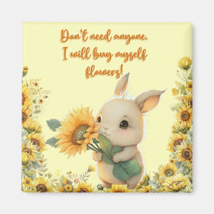 Imã Coelho Bebê Fofo Segurando Girassol   Ímã Quadrado