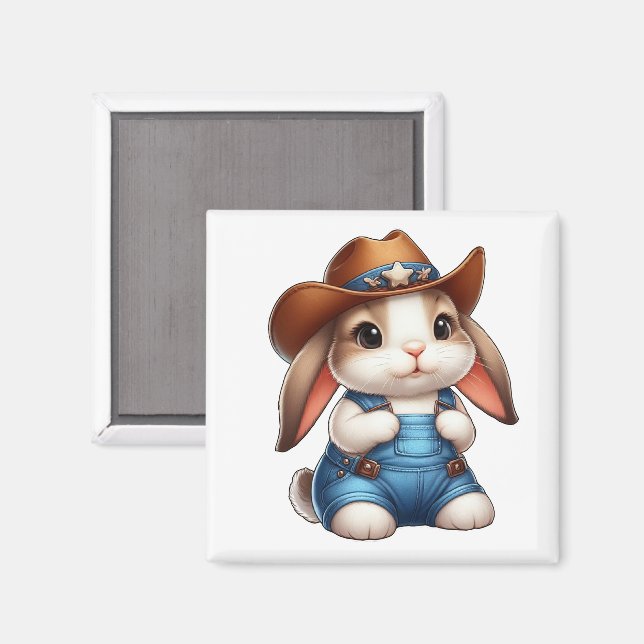 Imã Coelho com Fantasia de Cowboy com Chapéu e Macacão (Front/Back)