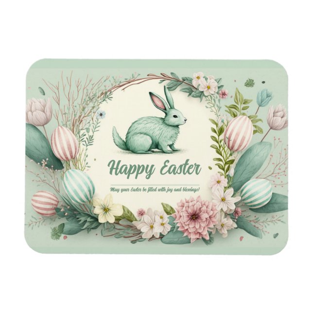 Ímã Coelho da Páscoa Feliz com Ovos Pastéis e Flores (Horizontal)
