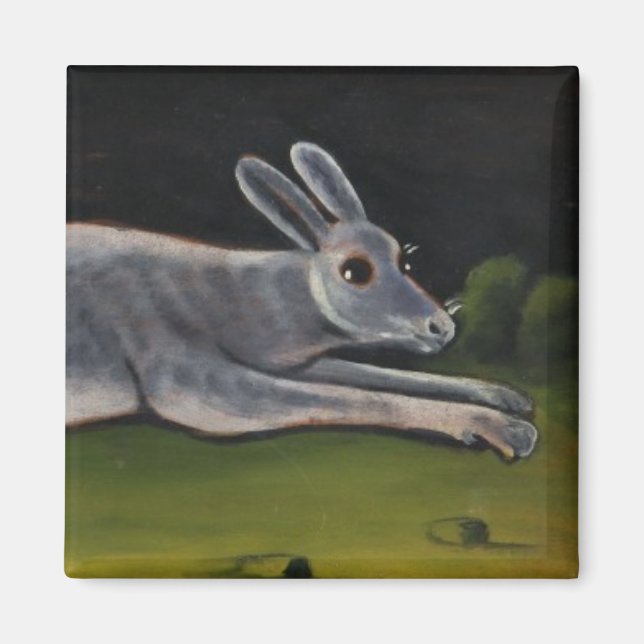 Imã Coelho de Cinza Longa Pulando Sobre Campos (Frente)