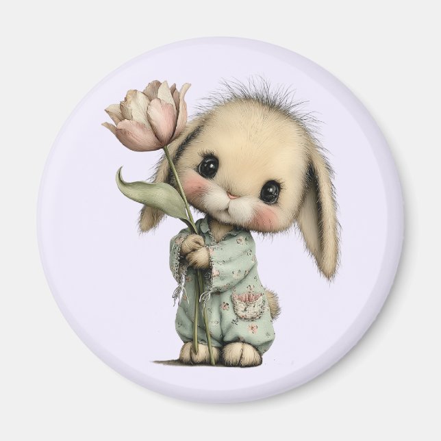 Imã Coelho Fofo Segurando uma Tulipa (Frente)