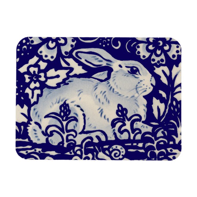 Ímã Coelho páscoa Artístico Coelho Azul Floral Branco (Horizontal)