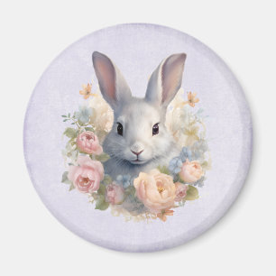 Imã Coelho Rodeado por Flores Pastel Cute