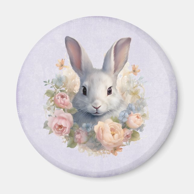 Imã Coelho Rodeado por Flores Pastel Cute (Frente)