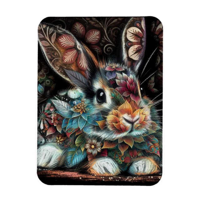 Ímã Coelho Whimsso Rabbit Floral Abstrato Teal Brown (Vertical)