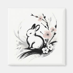 Imã Coelho Zen Minimalista de Primavera com Flor de Ce