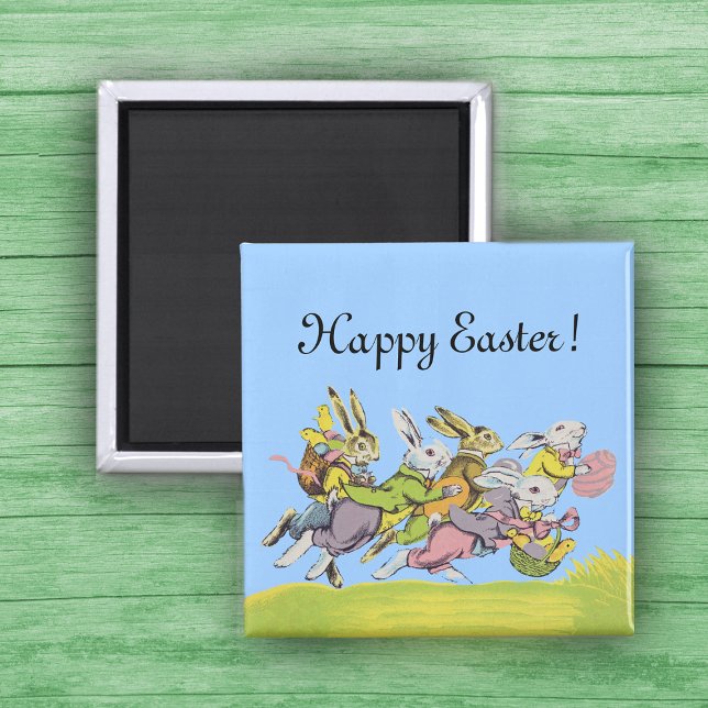 Imã Coelhos de Pastel em felz pascoa (Group of running Easter Bunnies in clothes with eggs and baskets in grass on a magnet.)
