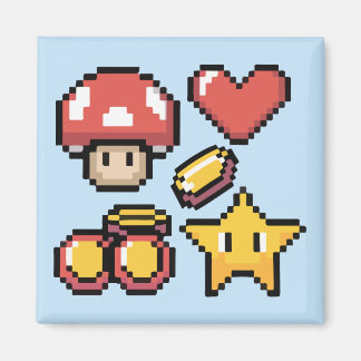 Imã Cogumelo, coração, estrela e cereja Pixel Art