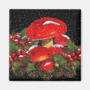 Imã Cogumelo do Natal, Toadstools, neve, azevinho