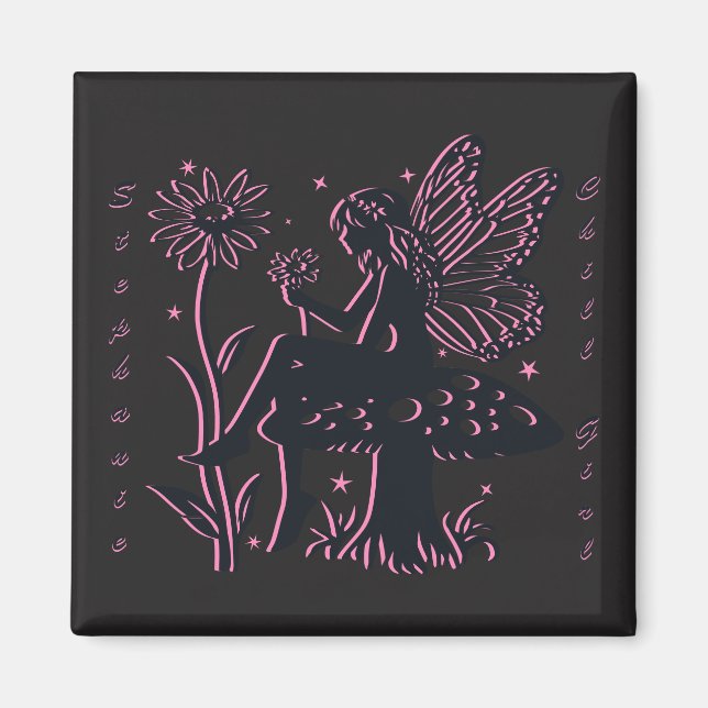 Imã Cogumelo e Flor de Fada Fofo Preto e Rosa (Frente)