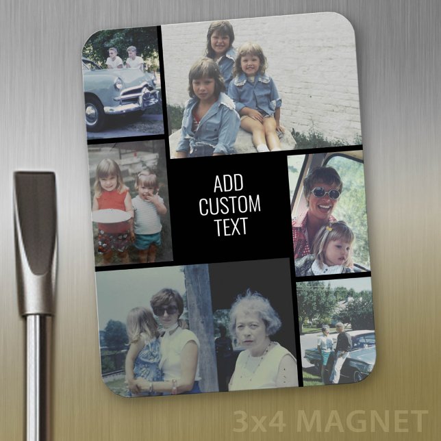 Ímã Colagem de 6 fotos - fundo preto - texto branco (Personalized magnet with photo collage and text)