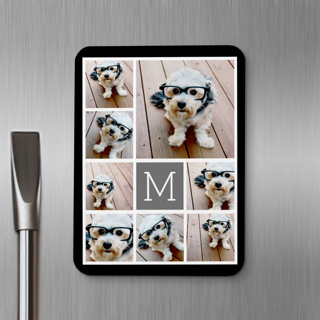 Ímã Colagem de Fotografias em Preto e Cinza 8 - com mo (Personalized fridge magnet - add photos and custom text)