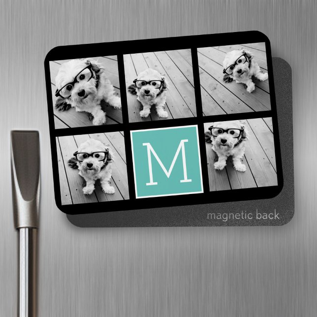 Ímã Colagem de Fotografias Monograma - Até 5 Fotografi (Personalized fridge magnet - add photos and custom text)