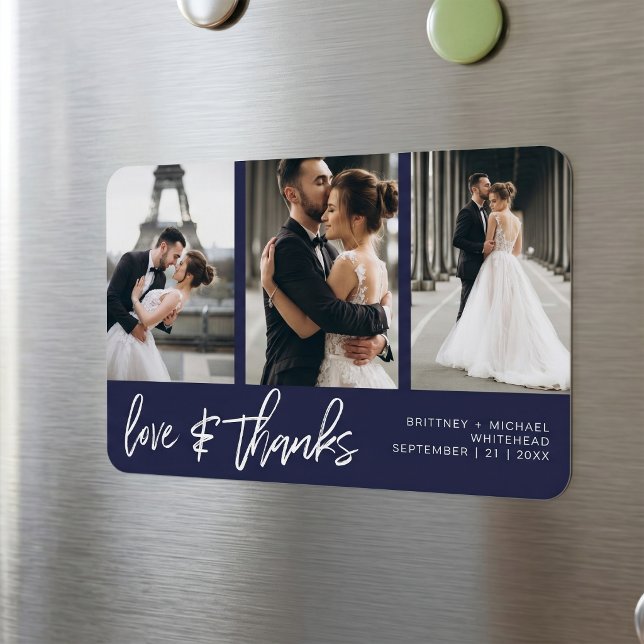 Ímã Colagem de Fotos Agradecimento Amor Azul Naval com (This modern simple card features a photo collage on the top and the words "love & thanks" )