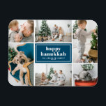 Ímã Colagem de Fotos Azul Feliz Hanukkah Typografia<br><div class="desc">Feliz Hanukkah! Envie desejos de férias e saudações com este moderno e na moda. Apresenta tipografia retrógrada. Personalize adicionando suas fotos,  saudações,  nomes e outros detalhes favoritos. Os textos são totalmente editáveis — disponíveis como planos,  dobrados e postais.</div>