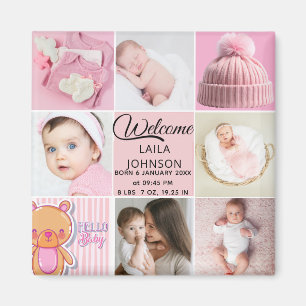 Imã Colagem de fotos Chic Pink com nome personalizado 