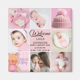 Imã Colagem de fotos Chic Pink com nome personalizado