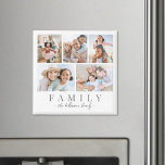 Imã Colagem de Fotos da Família Personalizada Elegante<br><div class="desc">Magneta "Família" Personalizada. Este ímã quadrado simples e significativo é uma forma excelente de celebrar seus entes queridos. O design oferece espaço para cinco fotos favoritas, com "Família" exibida abaixo em uma fonte de serifa clássica. Abaixo disso, seu nome de família aparece no script soft. Ambas as linhas de texto...</div>