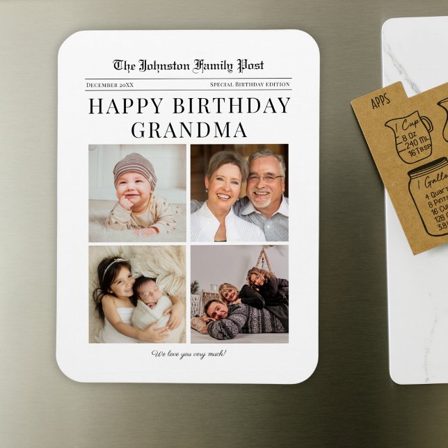 Ímã Colagem de Fotos de Aniversário de imã de geladeir (Large custom fridge magnet with your custom family photos in a newspaper style grandma birthday gift)