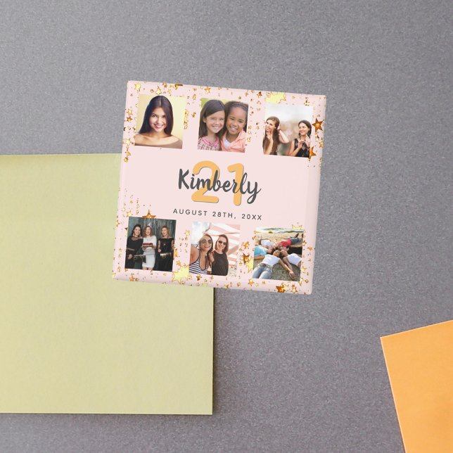 Imã Colagem de fotos de aniversário rosa dourado melho (Criador carregado)