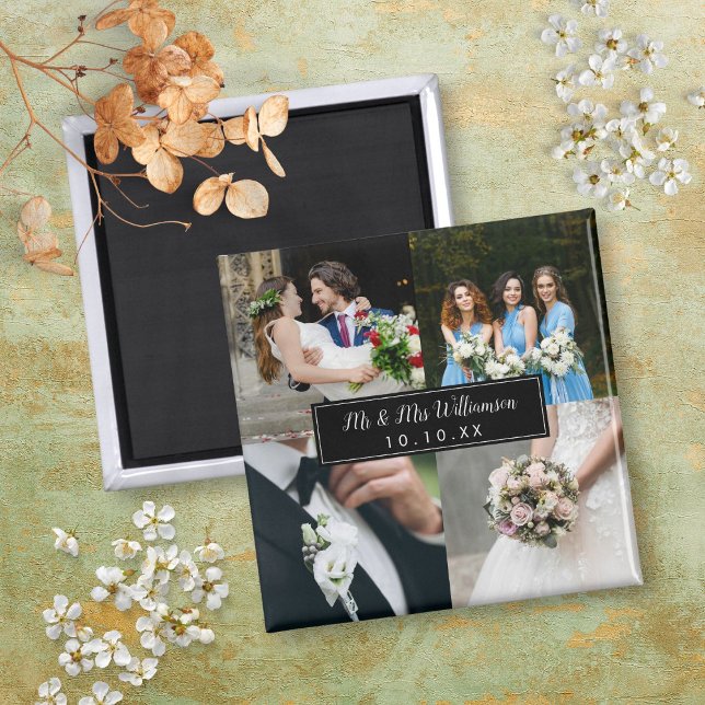 Imã Colagem de Fotos do Casamento Elegante (Elegant Wedding Day Photo Collage Magnet)