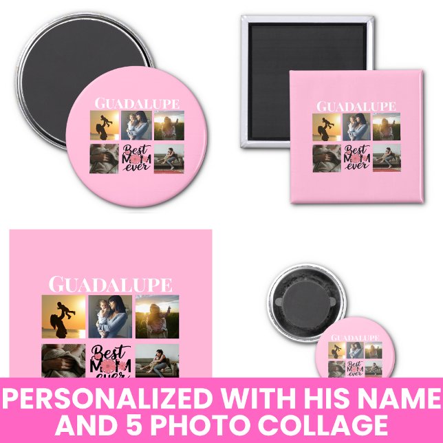 Imã Colagem de Fotos e Nome da Mamãe Rosa (Photo Collage and Mom's Name Pink Magnet
)