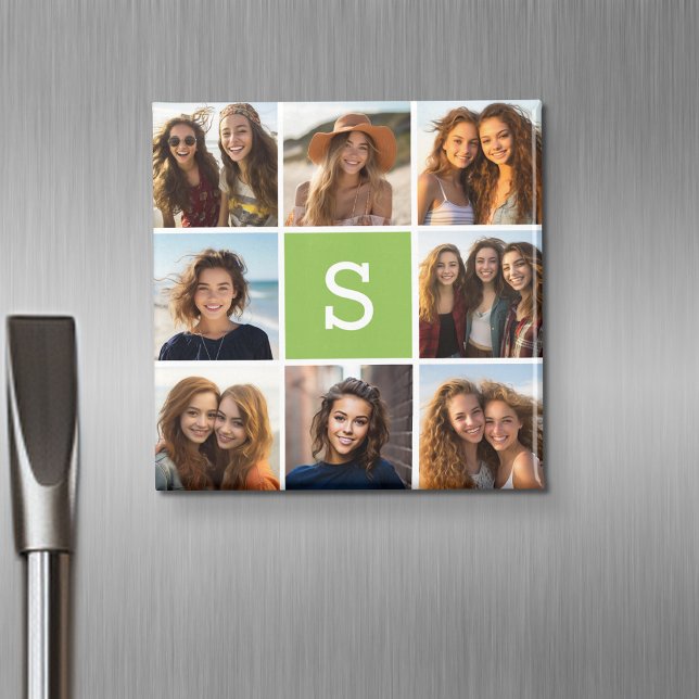 Imã Colagem de Fotos Monograma Personalizado - Verde L (Personalized fridge magnet with photos and custom text)