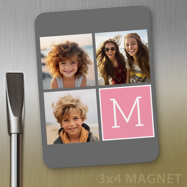 Ímã Colagem de Fotos Personalizadas no Instagram com M (Personalized refrigerator magnet with photo collage and custom text - add 4 photos to this design)