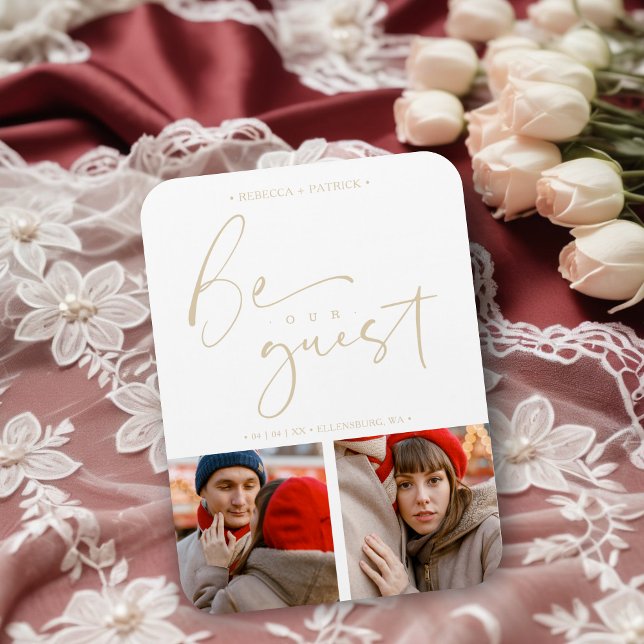 Ímã Colagem Duas Fotos São Nosso Casamento Romântico C (Collage Two Photos Be Our Guest Romantic Wedding Save the Dates Magnets Cards.)