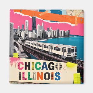 Imã Colagem Pop Art Trem da Silhueta de Chicago Viagem