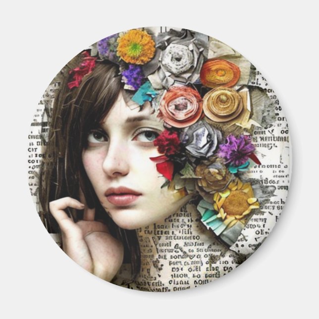 Imã Collage Art | Garota Bonito com flores no cabelo (Frente)