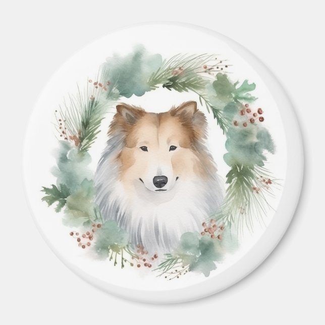 Imã Collie Christmas Wreath Festivo Pup (Frente)
