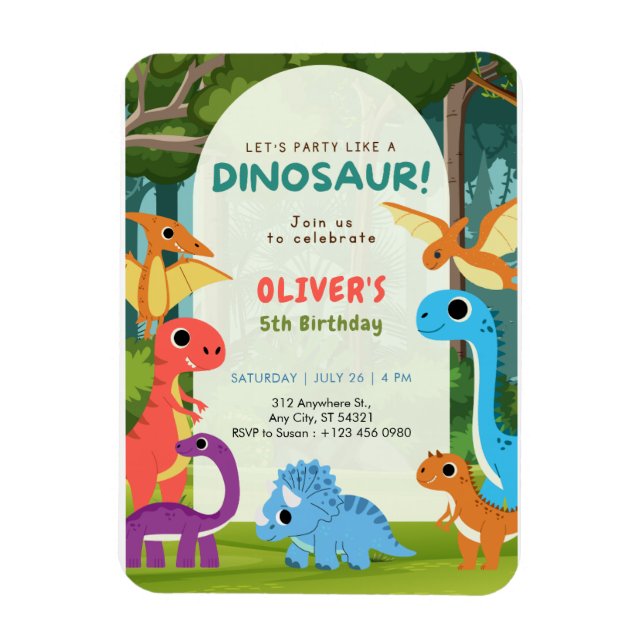 Ímã Colorful Dinosaur T-rex 5th Birthday Invitation   (Vertical)