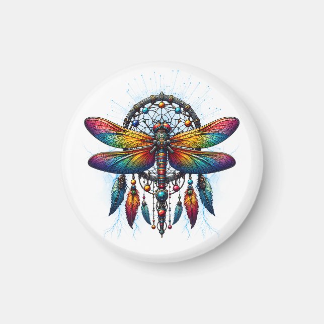 Imã Colorido Dreamcatcher de Libélula Psicodélico Boho (Frente)