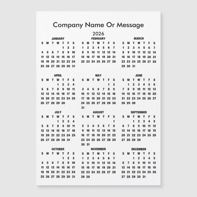 Ímã com Nome da Empresa do Calendário Moderno 2026 (Frente)
