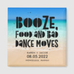 Imã Comida Engraçada Má Dança Move Casamento de Praia<br><div class="desc">O casamento de praia favorece ímãs em um design de "Booze,  comida e dança ruim". Personalize com seus nomes,  data do casamento e local. Pode ser usado como um salvamento da data ou um favor de casamento. Visite nossa loja para ver produtos coordenadores nesta design.</div>