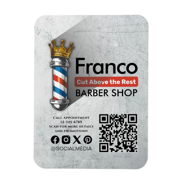 Ímã Compro Barber Coroa Real Barbeiro Par Salão QR (Vertical)