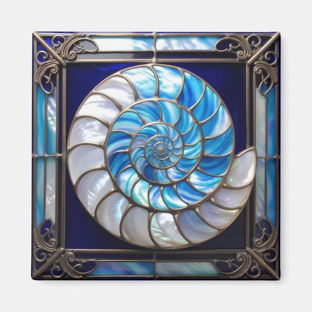 Imã Concha de Nautilus Azul/Branca Vidro Pintado Falso (Frente)