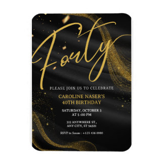 Ímã Convite de 40º Aniversário Preto & Dourado Brilhan